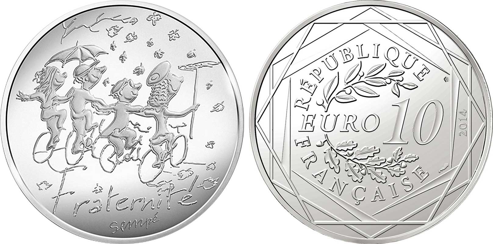Франция 10 евро 2014 карикатуры Жан-Жака Сампе, осень-братство, дети с зонтом на велосипедах, в оригинальном буклете KM NEW серебро UNC 1-4-3-10
