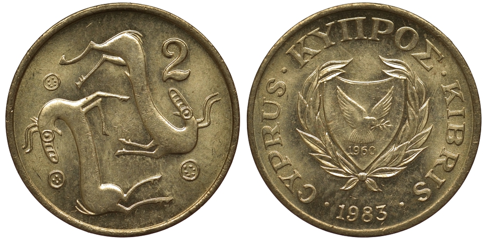 КИПР 2 ЦЕНТА 1983 KM 54.1 никель латунь UNC M22-19