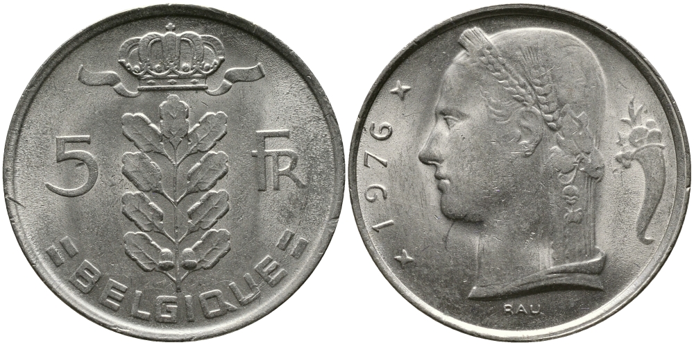 БЕЛЬГИЯ 5 ФРАНКОВ 1976 BELGIQUE KM 134.1 медно-никель 98-651