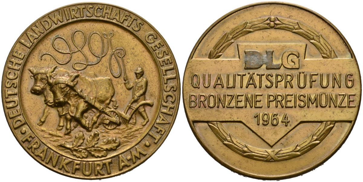 Германия медаль 1964 Бронзовый приз, ежегодная Всегерманская сельскохозяйственная выставка во Франкфурте-на-майне, диаметр 40,5 мм. жёлтый металл 1095-8-32