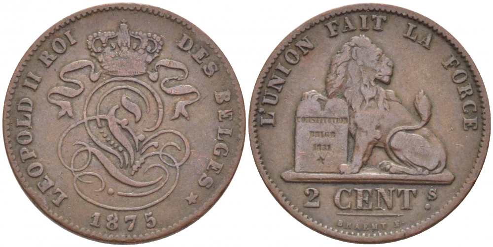 БЕЛЬГИЯ 2 САНТИМА 1875 BELGES KM 35.1 медь 4448-713