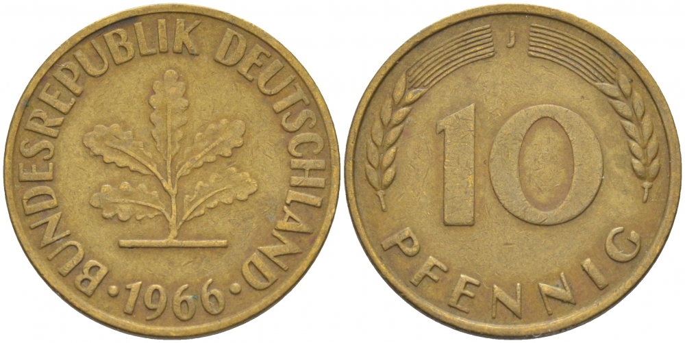 ФРГ 10 ПФЕННИГОВ 1966 J KM 108, J.383 сталь плакированная латунью 3718-733