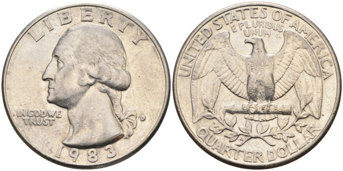 США 25 центов = квотер 1983 D, Вашингтон KM A164a медь плакированная медно-никелем 4584-1212