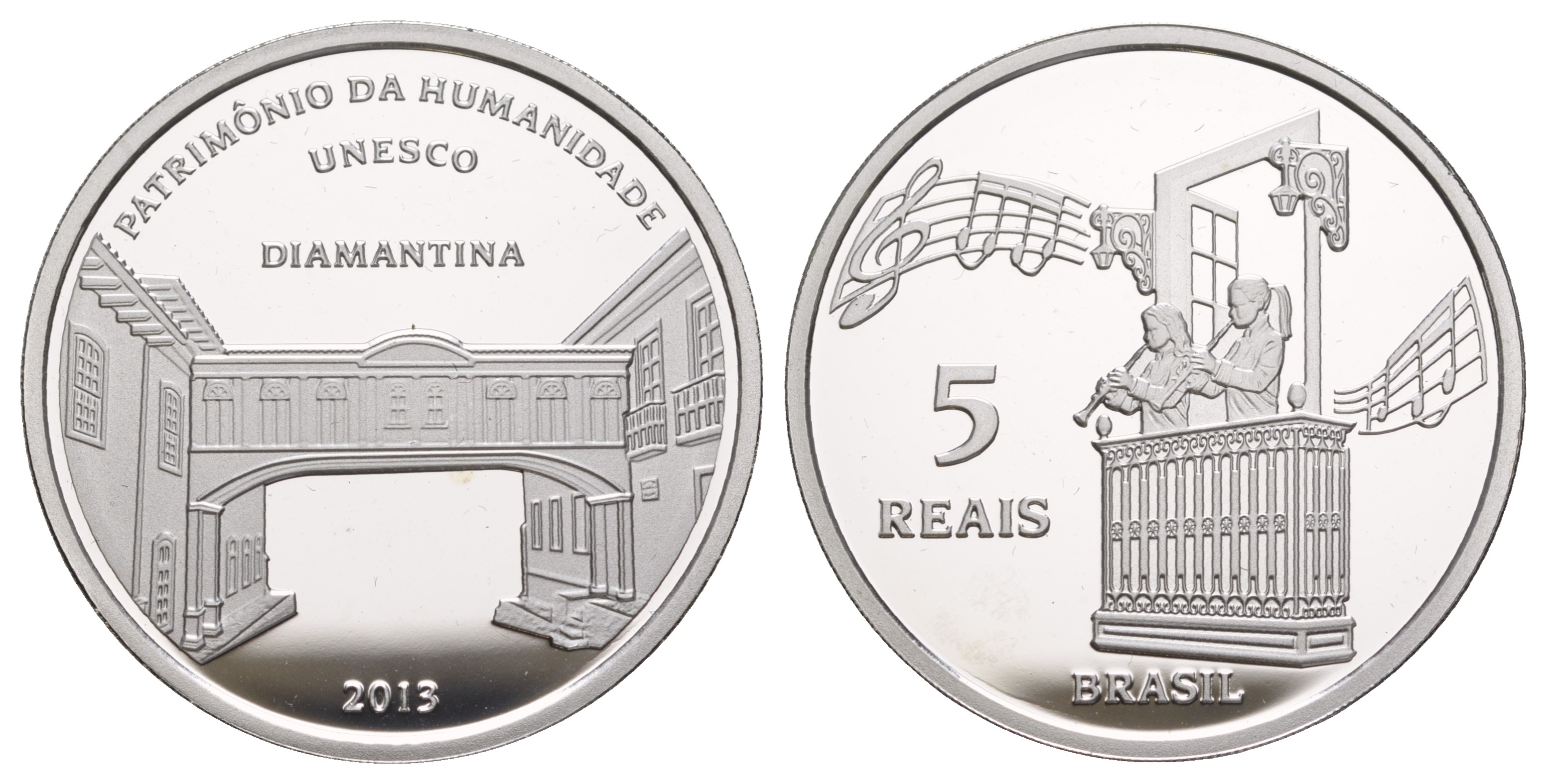 Бразилия 5 реалов 2013 ЮНЕСКО - Диамантина, тираж 10.000 экземпляров, в оригинальной коробке, с сертификатом KM 684 серебро  PROOF  3-6-1-04