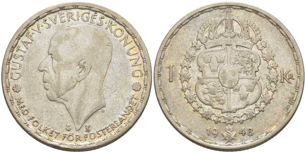 Швеция 1 крона 1948 TS, Густав V (1907-1950) KM 814 серебро 119-1125