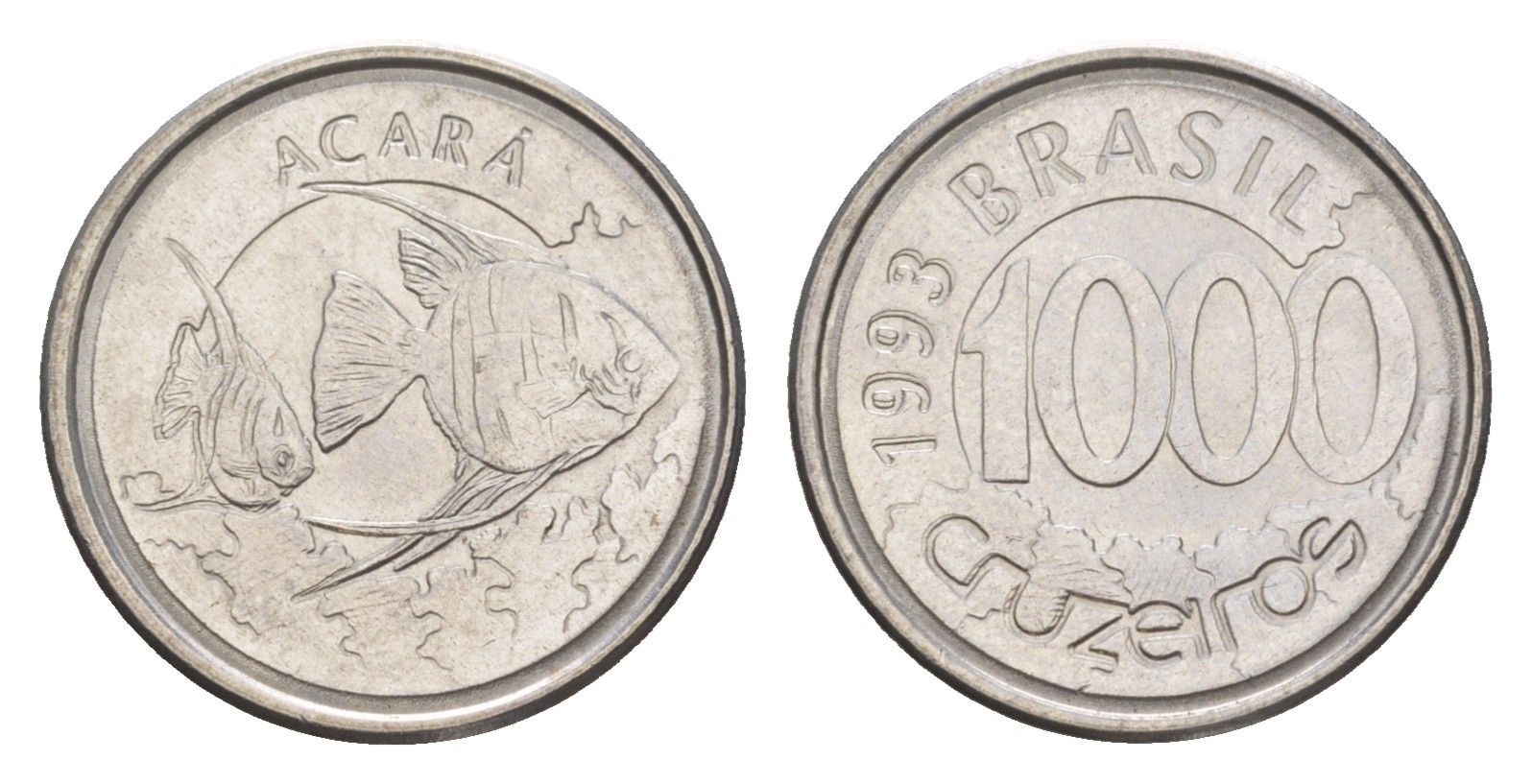 Бразилия 1000 крузейро 1993 реформа 1990-1993, рыбка Акара KM 626 нержавеющая сталь UNC 4644-546