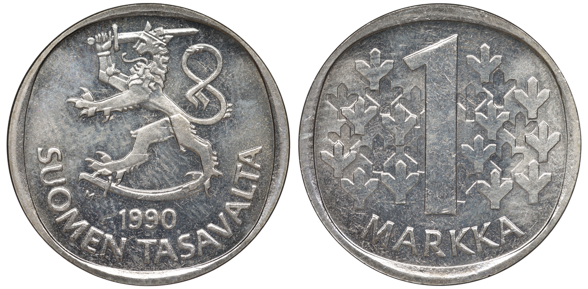 Финляндия 1 марка 1990 M KM 49а медно-никель UNC 259-451