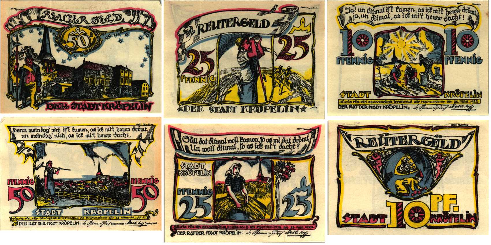 КРЁПЕЛИН НАБОР ИЗ 3 БАНКНОТ, 10, 25, 50 ПФЕННИГОВ 1922 НОТГЕЛЬД, 1922 - 28 ФЕВРАЛЯ 1922, ЗЕМЛЯ МЕКЛЕНБУРГ, ПЕРЕДНЯЯ ПОМЕРАНИЯ Grabowski 746.1 бумага 6318-41-1-2