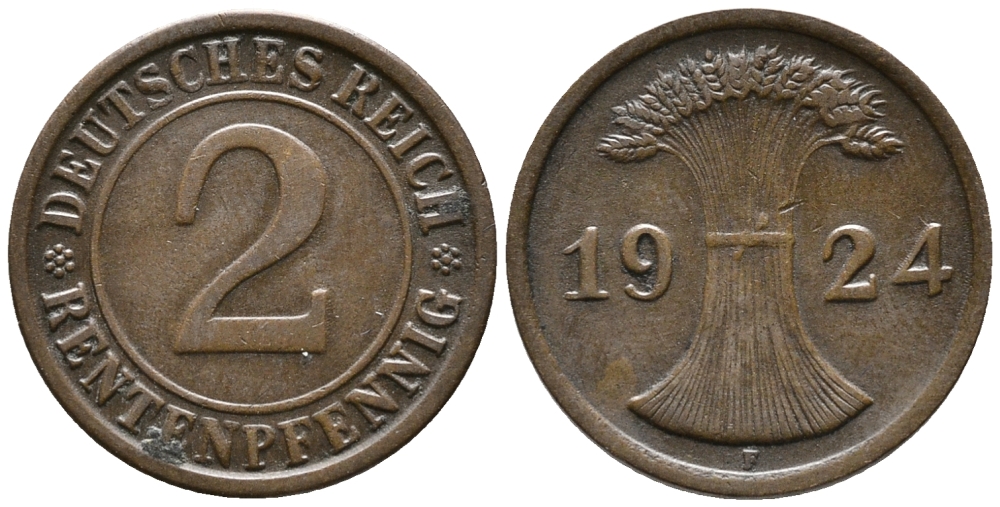 ГЕРМАНИЯ 2 РЕНТЕНПФЕННИГА 1924 F KM 31, J. 307 бронза 24-516