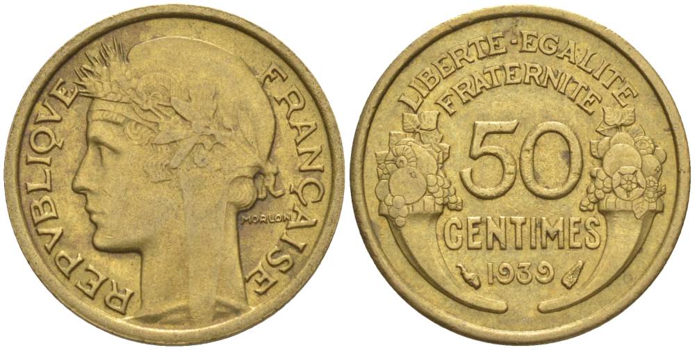 ФРАНЦИЯ 50 САНТИМОВ 1939 ТИП MORLON KM 894.1, LE FRANC 192.15 алюминиевая бронза 44-867
