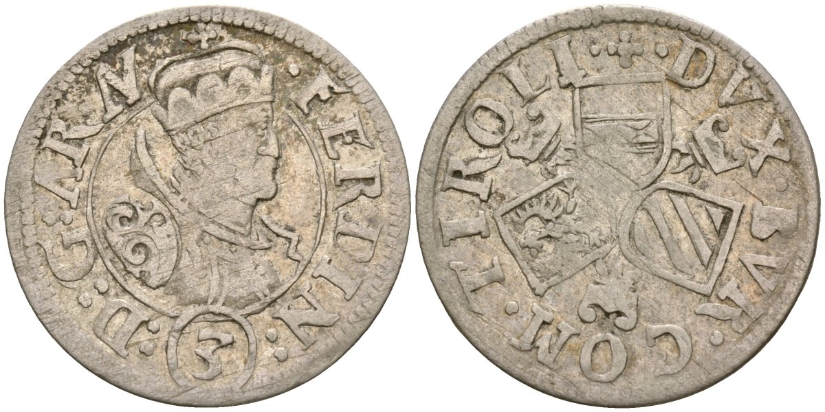 Австрия, Тироль 3 крейцера ND (1632-1666) Фердинанд Карл Австрийский (1632-1666) KM 1116 серебро 4044-1442