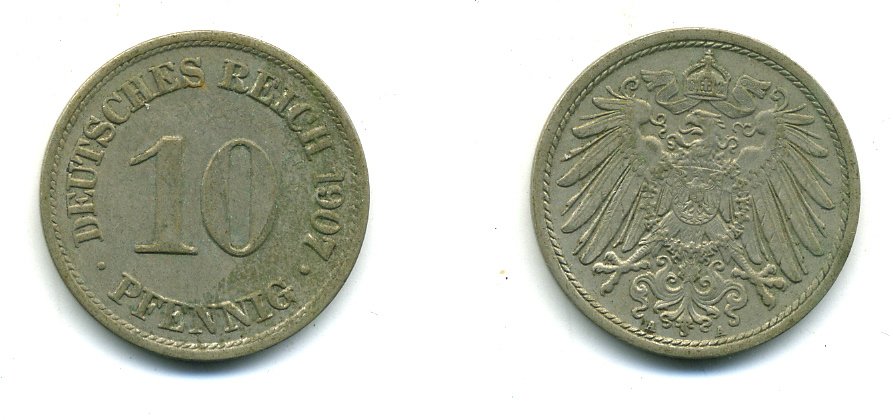 Германия 10 пфеннигов 1907 A KM 12, J. 13 медно-никель 54-458