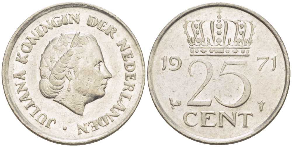 НИДЕРЛАНДЫ 25 ЦЕНТОВ 1971 ЮЛИАНА (1948-1980) KM 183 никель 214-961
