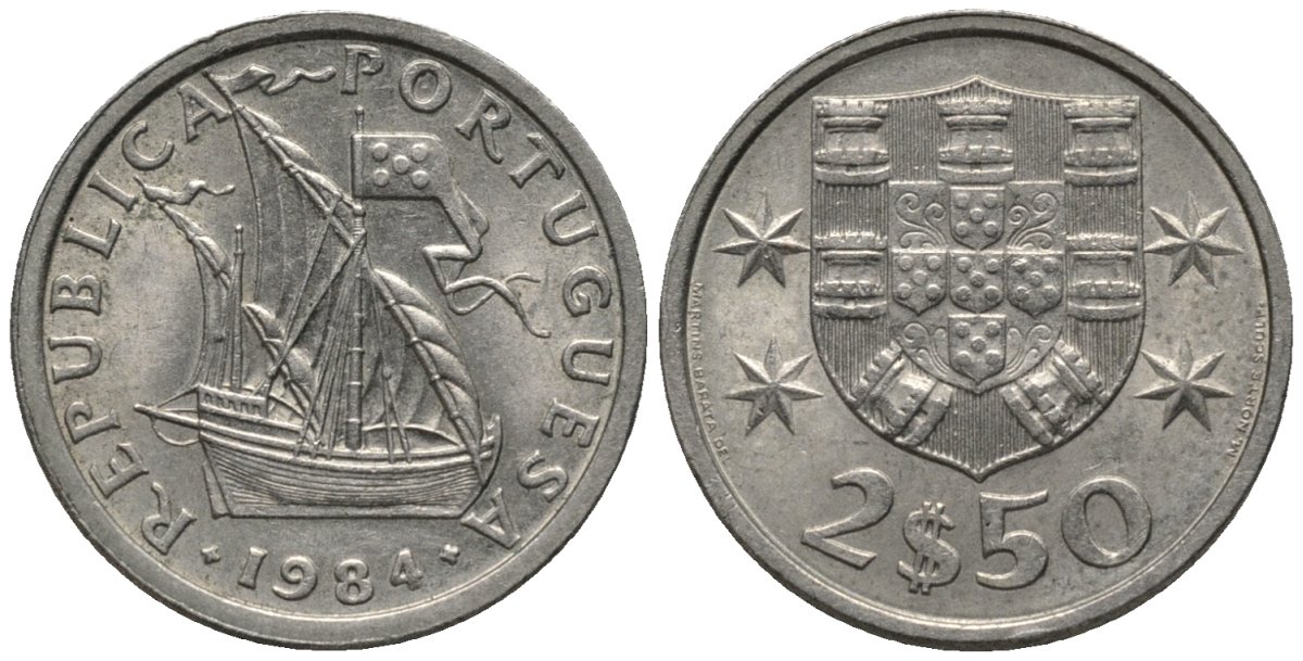 Португалия 2,5 эскудо 1984 парусник KM 590 медно-никель 4608-959