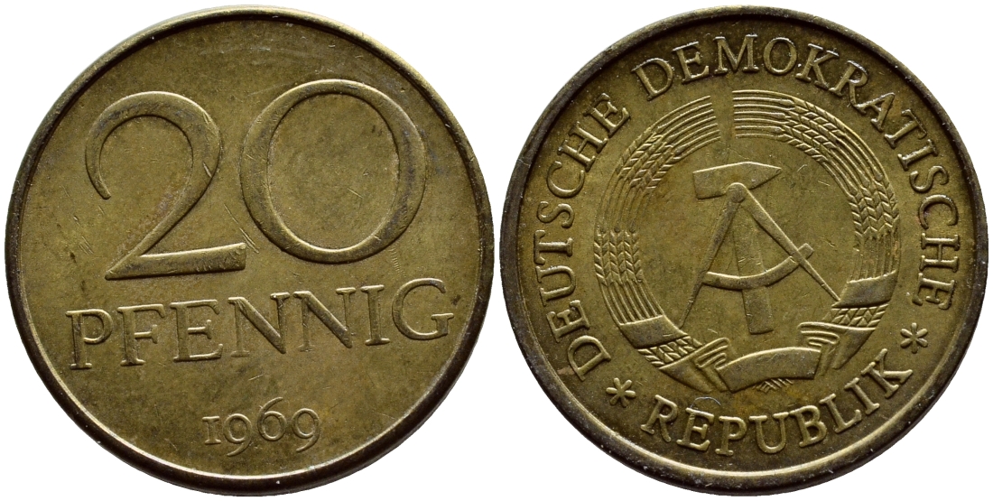 ГДР 20 пфеннигов 1969 А, первый год KM 11 латунь UNC 4398-1116