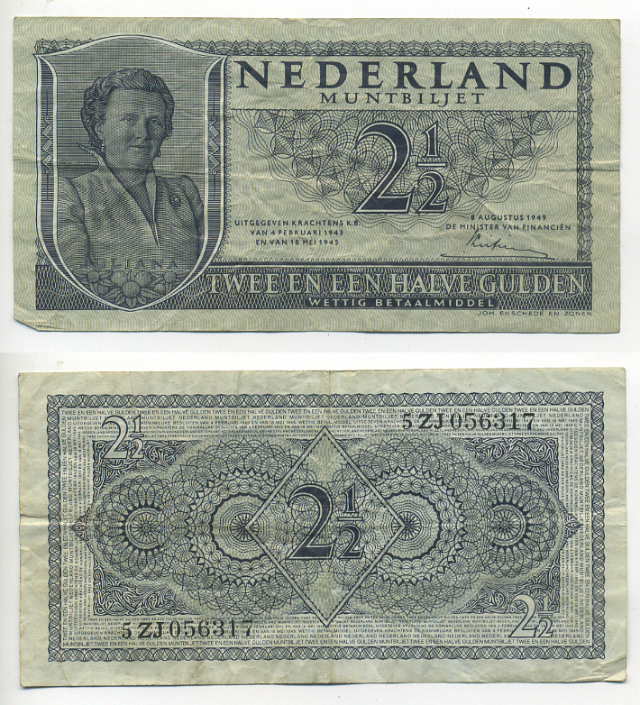 НИДЕРЛАНДЫ 2 1/2 ГУЛЬДЕНА 1949 8 АВГУСТА 1949, КОРОЛЕВА ЮЛИАНА Pick 73 бумага 6293-3-1-1