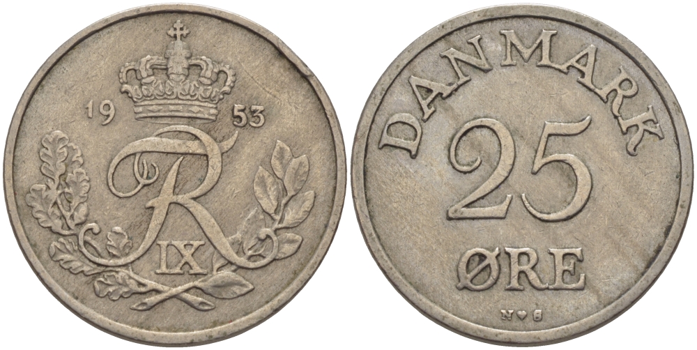 Дания 25 эре 1953 N; S, Фредерик IX (1947-1972) KM 842 медно-никель 28-356