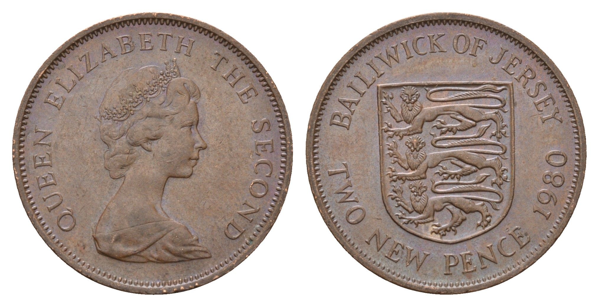 Джерси 2 пенса 1980 герб, Елизавета II (1952-2022) KM 31 бронза 4595-656