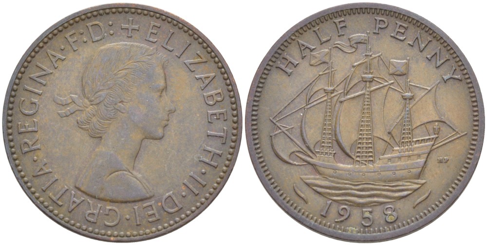 Великобритания 1/2 пенни 1958 Елизавета II (1952-2022) KM 896, Spink 4158 бронза 113-332