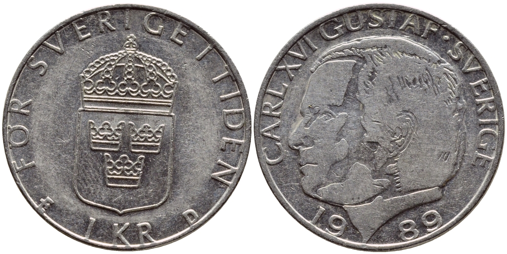 Швеция 1 крона 1989 Карл XVI Густав (1973- ) KM 852a медно-никель 4398-1214