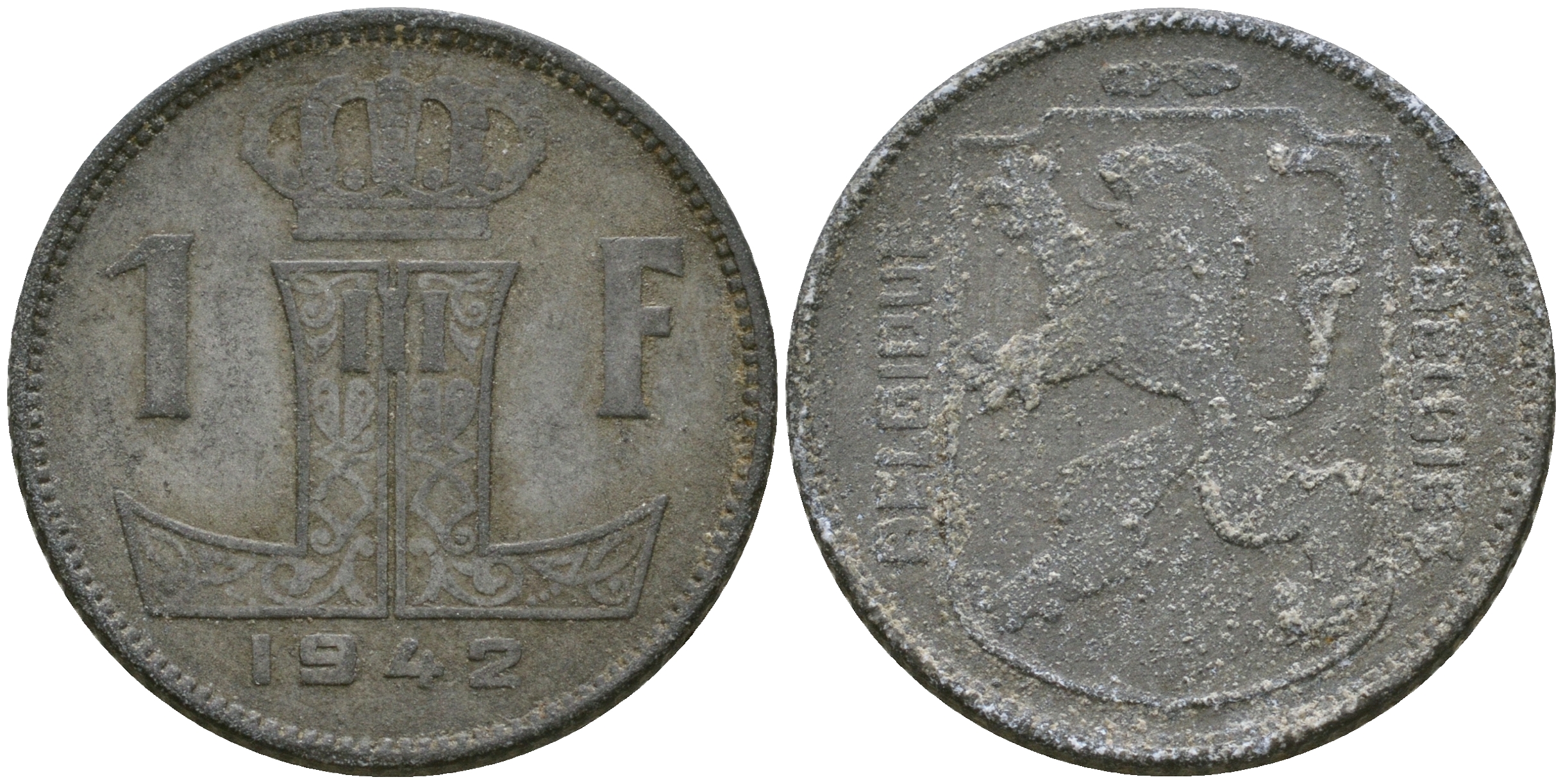 Бельгия 1 франк 1942 Belgique - Belgie, Леопольд III (1934-1947), германская оккупация, Вторая мировая война KM 127 цинк 25-1253