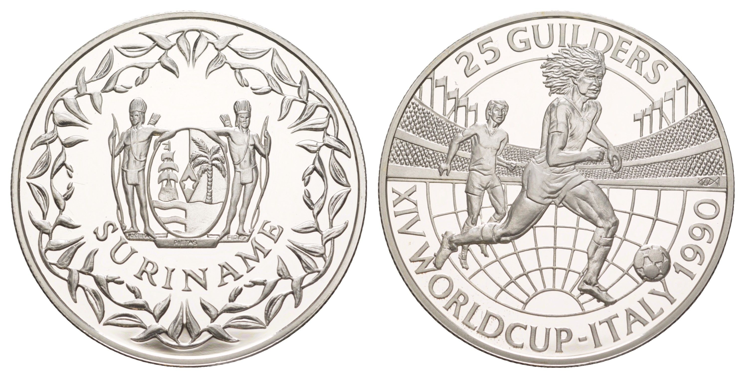 Суринам 25 гульденов 1990 Чемпионат мира по футболу 1990, Италия KM 32 серебро PROOF 1083-2-44