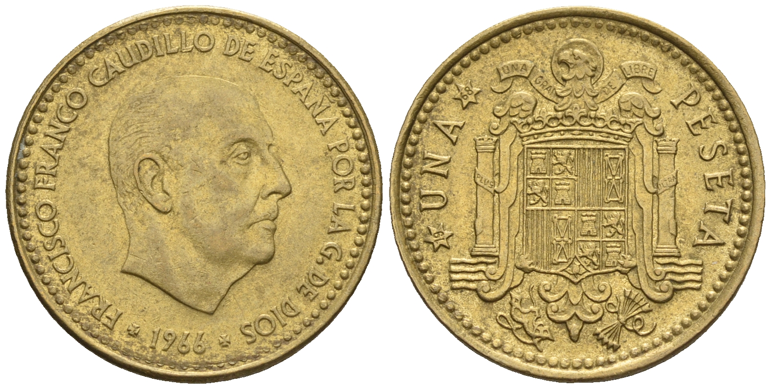 Испания 1 песета 1966 (68) Франциско Франко (1939-1975) КМ 796 алюминиевая бронза 85-653