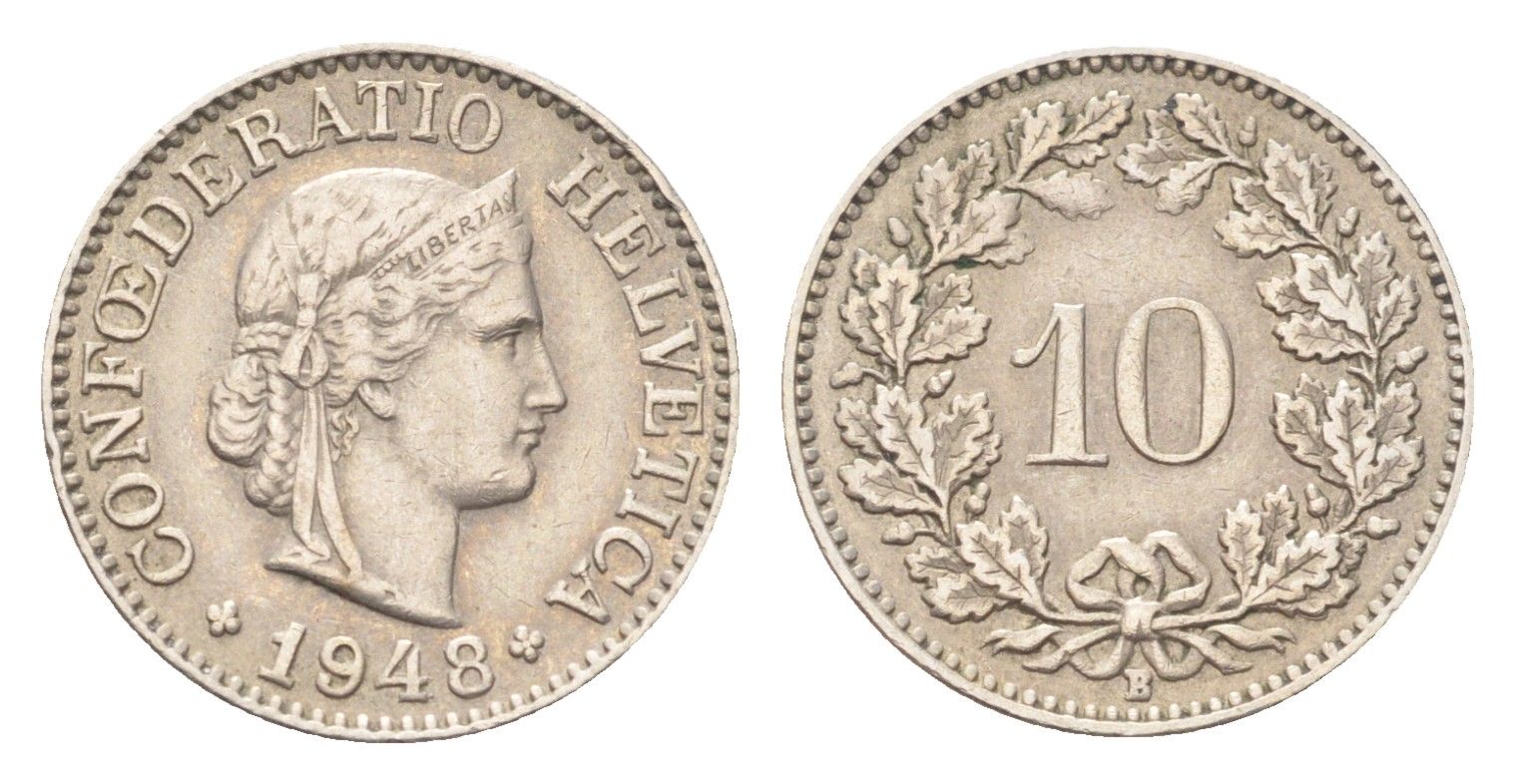 Швейцария 10 раппенов 1948 B KM 27 медно-никель 4708-163