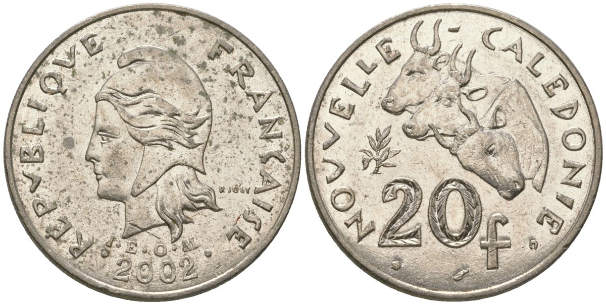 Французская Новая Каледония 20 франков 2002 три быка, (IEOM) KM 12, Schoen 14, Lec 115f никель 81-513