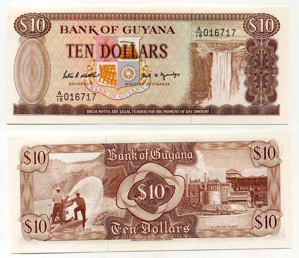 ГАЙАНА 10 ДОЛЛАРОВ 1989 ПОДПИСЬ 7, ВОДОПАД КАЙЕТУР Pick 23d бумага UNC (ПРЕСС) 8589-40-1-2