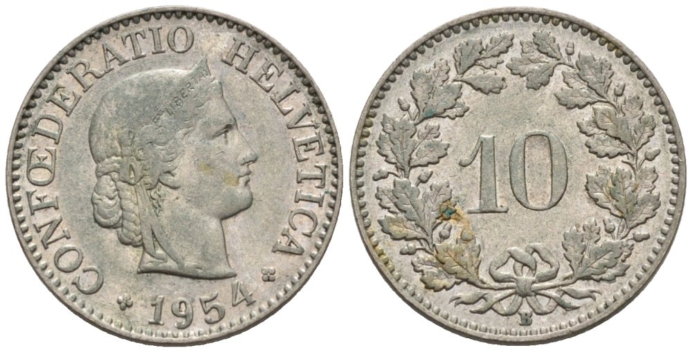 Швейцария 10 раппенов 1954 В KM 27 медно-никель 4576-946