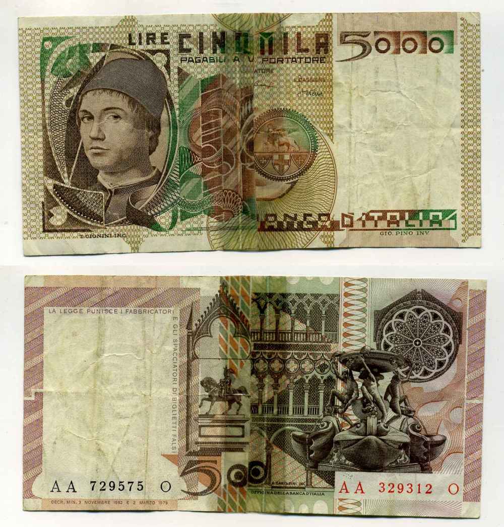 Италия 5000 лир 1979 Мужской портрет Андреа дель Кастаньо Pick 105b бумага 8588-11-1-2