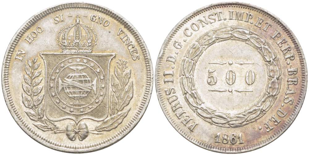Бразилия 500 рейс 1861 Педро II (1831-1889) KM 464 серебро    4529-621