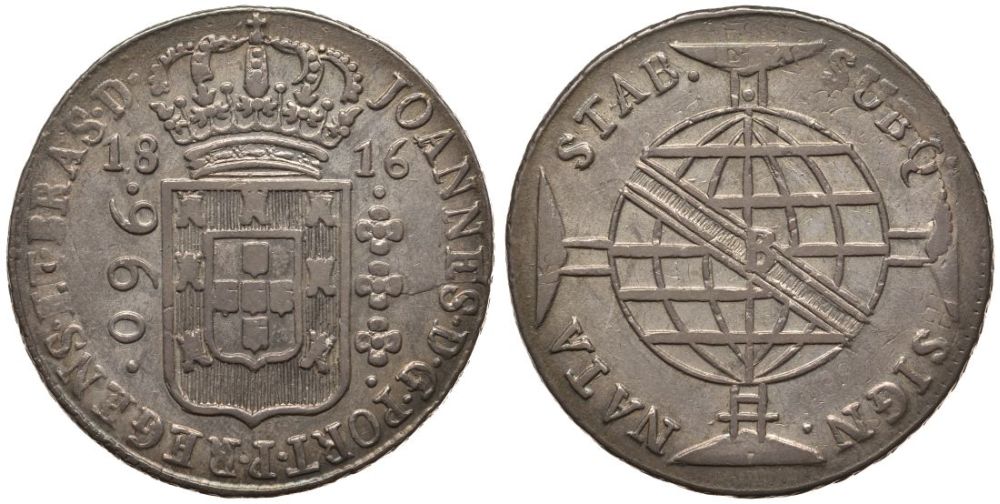 Бразилия 960 рейс 1816 B, монетный двор Бахия (Bahia), перечекан, патина, Жоао принц-регент (1799-1818) KM 307.1 серебро 00-817-64