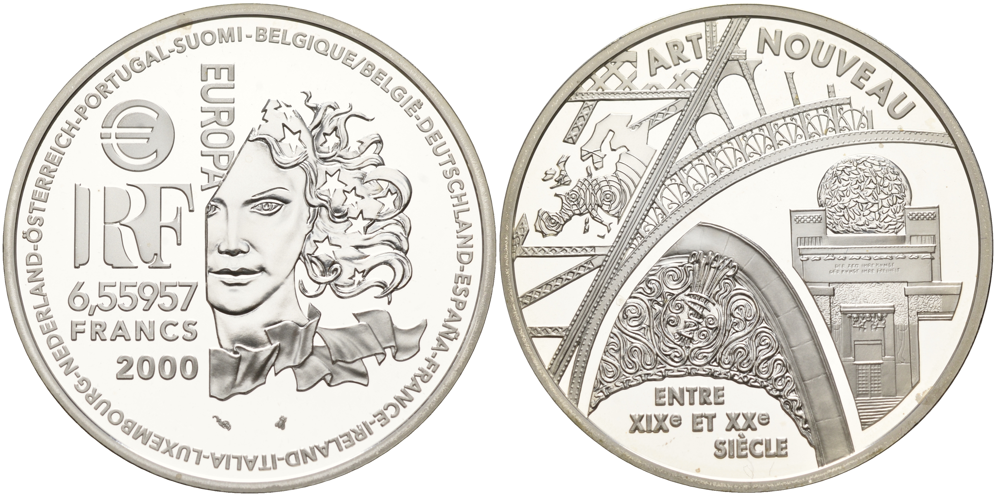 Франция 1 евро = 6,55957 франков 2000 стиль арт-нуво в архитектуре (XIX-XX веков) в оригинальной коробке, с сертификатом KM 1227 серебро PROOF 5-6-1-43