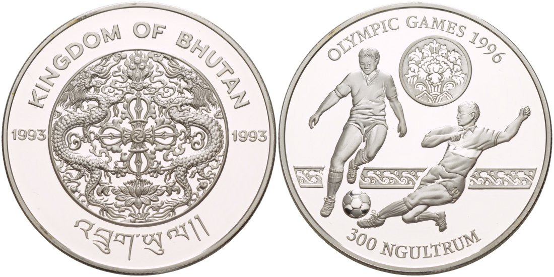 Бутан 300 нгултрумов 1993 Олимпийские игры 1996 года в Атланте, футбол KM 79 серебро PROOF 1081-8-42
