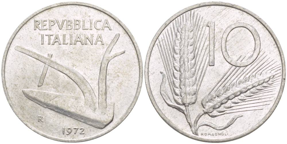 ИТАЛИЯ 10 ЛИР 1972 R, КОЛОСЬЯ, ПЛУГ KM 93 алюминий 4551-216