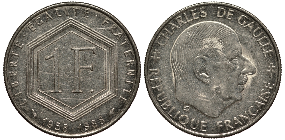 ФРАНЦИЯ 1 ФРАНК 1988 ШАРЛЬ ДЕ ГОЛЛЬ, 30 ЛЕТ РЕСПУБЛИКЕ KM 963 никель VF 4182-536