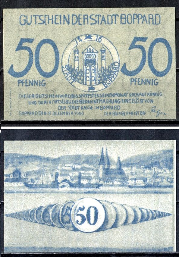 Боппард (Пруссия, Рейн) 50 пфеннигов 1920 Mehl Grabowski 142.1-3/3 бумага UNC (пресс) 7556-51-3-2