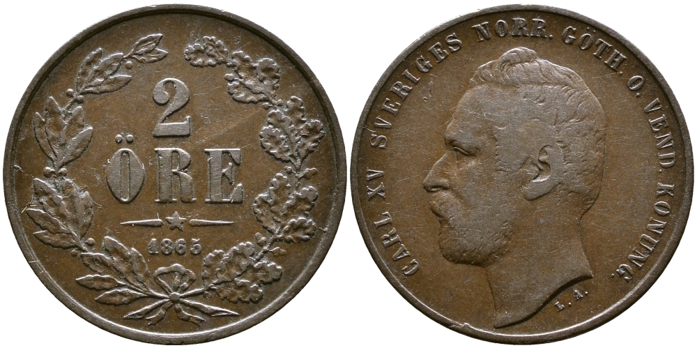 Швеция 2 эре 1865 Карл XV (1859-1872) KM 706 бронза 84-246