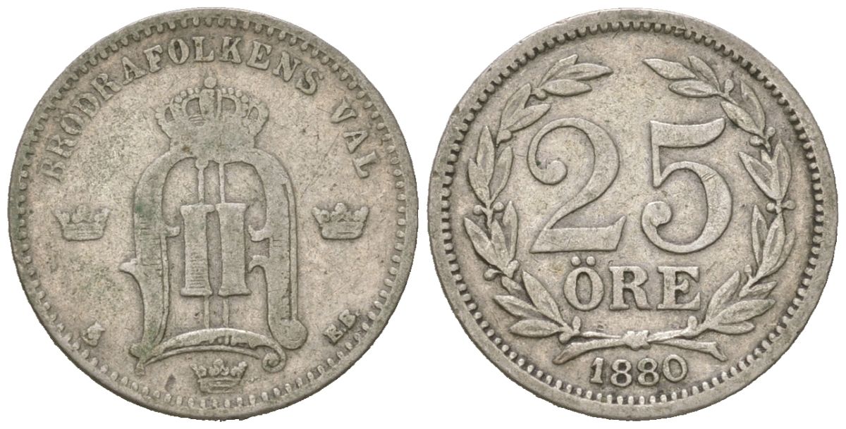 Швеция 25 эре 1880 EB, Оскар II (1872-1907) KM 739 серебро 44-135