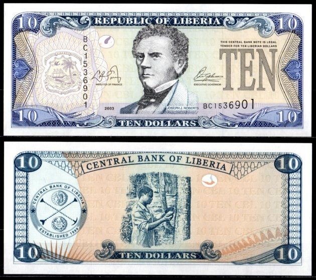 Либерия 10 долларов 2003 Pick 27 a 7214-63-3-1 бумага UNC (пресс) 7214-63-2-1