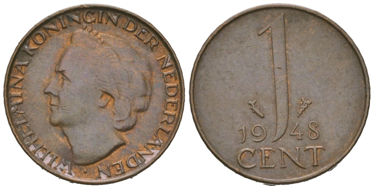Нидерланды 1 цент 1948 Вильгельмина (1890-1948) KM 175 бронза 4618-357