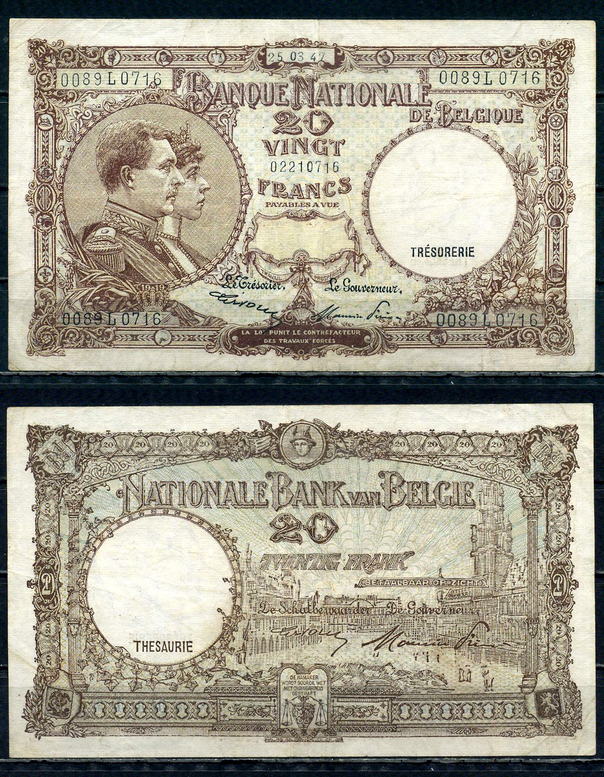 Бельгия 20 франков 1947 25.03.1947, Король Альберт I и его жена Королева Елизавета, Гран-Плас / Гроте Маркт, Брюссель Pick 111 (3) бумага 6301-18-2-1