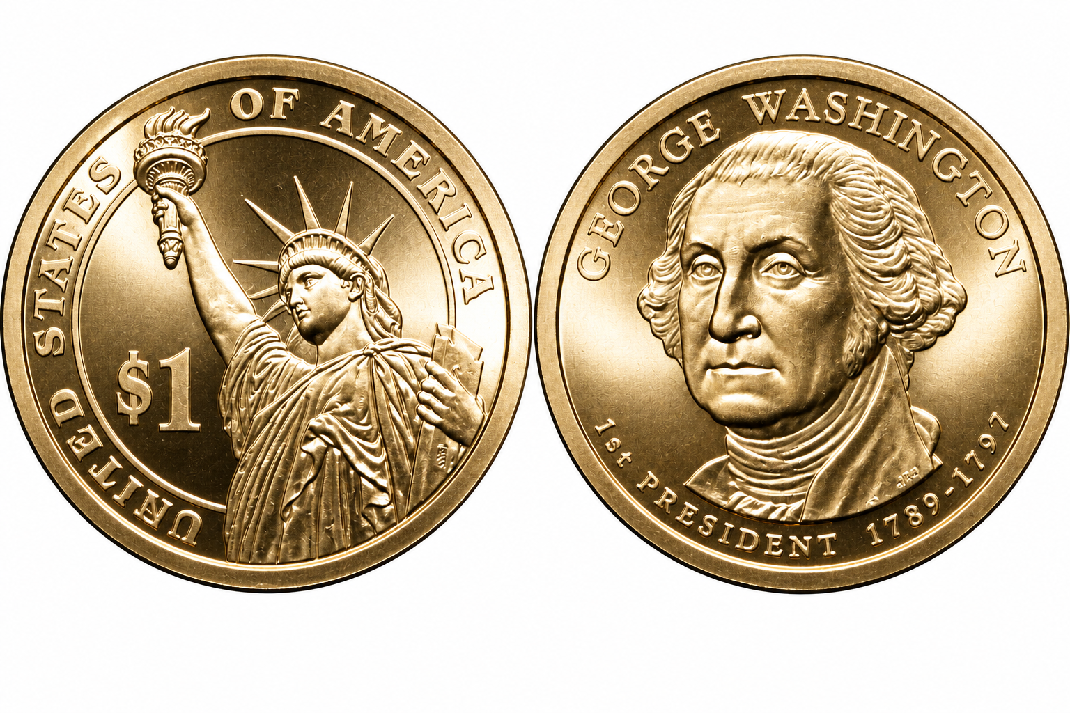 США 1 доллар 2007 P, серия президенты США, Джордж Вашингтон (1789-1797), из ролла KM 401 медь с марганцево-латунным покрытием UNC M1-01