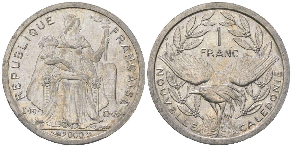 Французская Новая Каледония 1 франк 2000 птица кагу, (IEOM) KM 10, Schoen 10, Lec 52e алюминий 45-1014