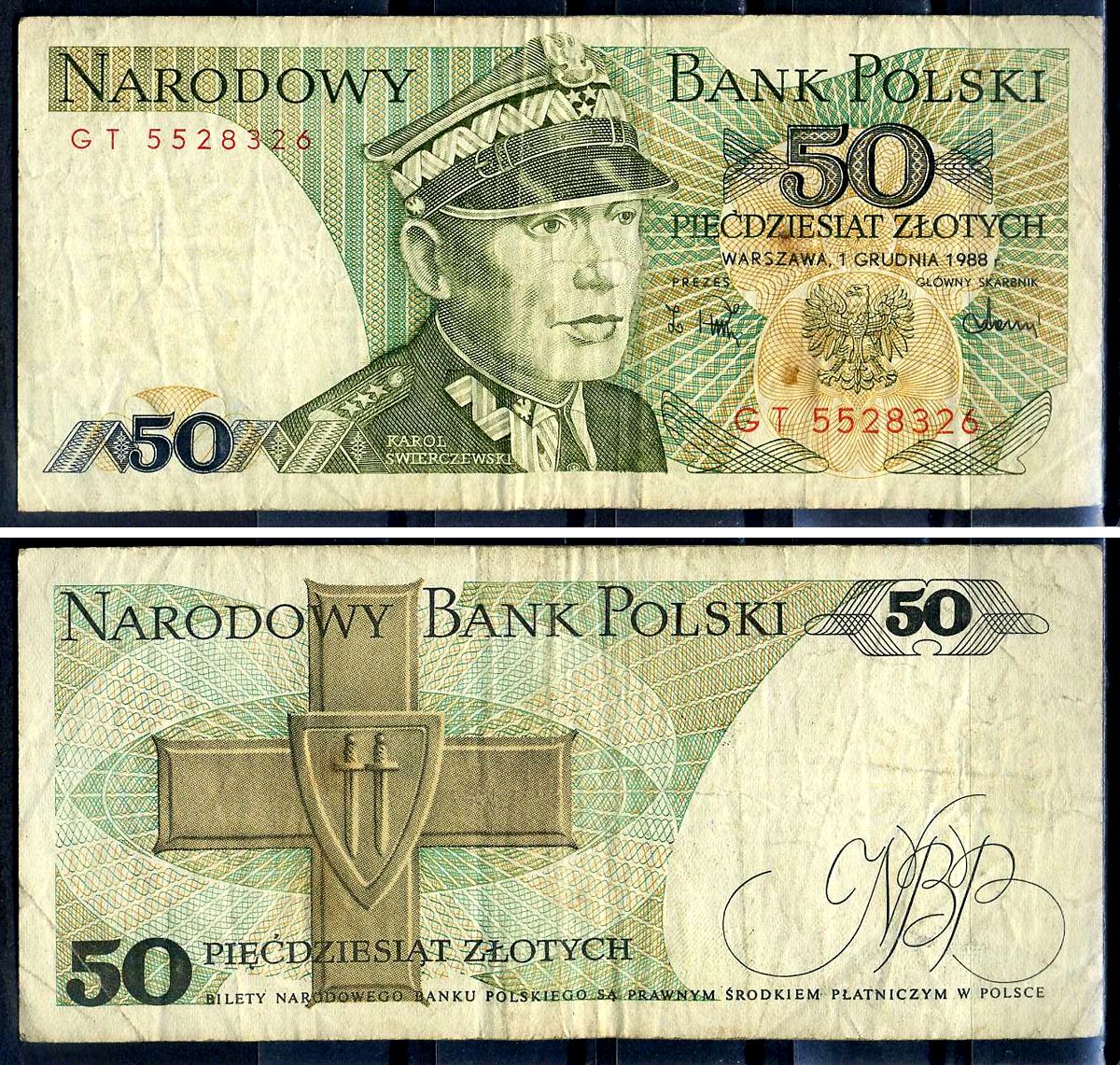 Польша 50 злотых 1988 Кароль Сверчевский, знак Грюнвальдского ордена Pick 142 c  бумага   2119-18-2-1