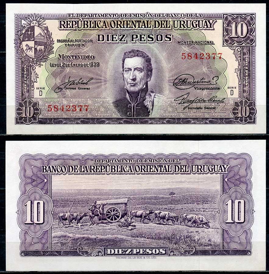 Уругвай 10 песо 1939 Хосе Хервасио Артигас, памятник повозке, Монтевидео, серия D Pick 37 d  бумага  aUNC 444-116-1-2