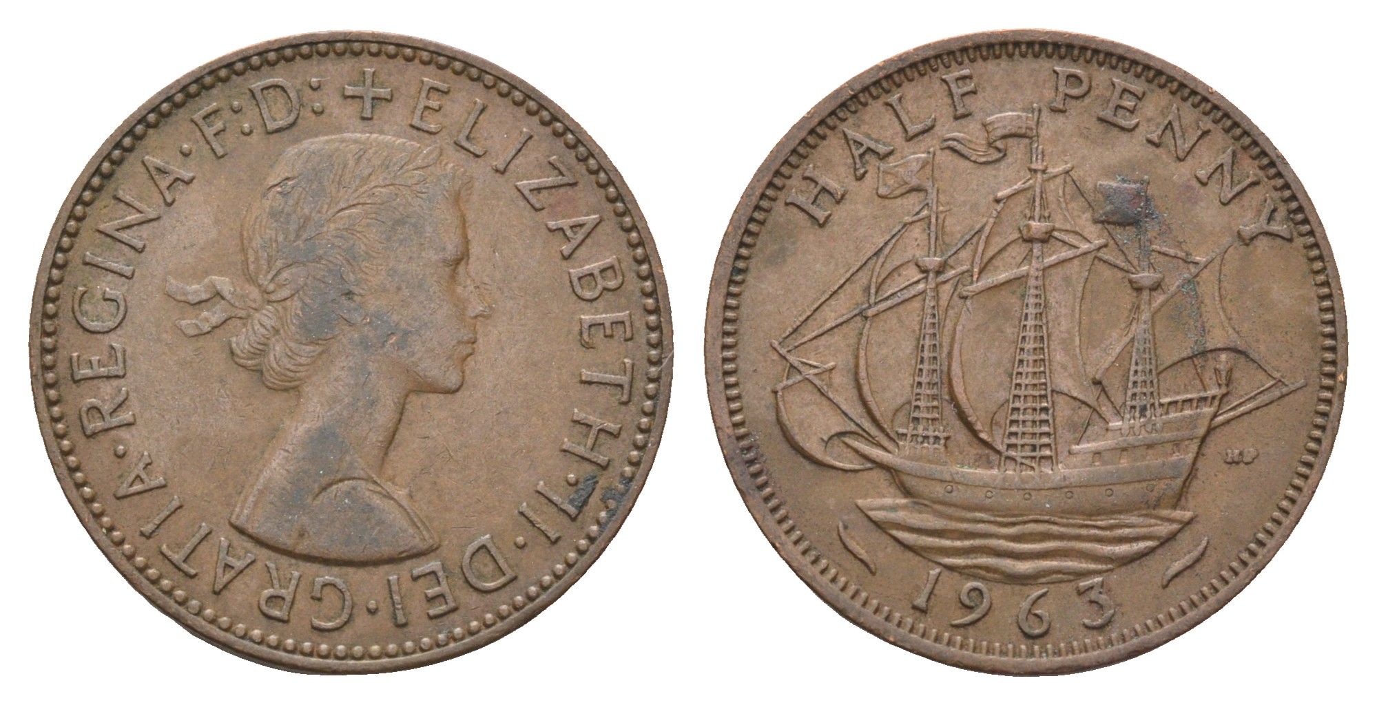 Великобритания 1/2 пенни 1963 Елизавета II (1952-2022) KM 896, Spink 4158 бронза    4660-644