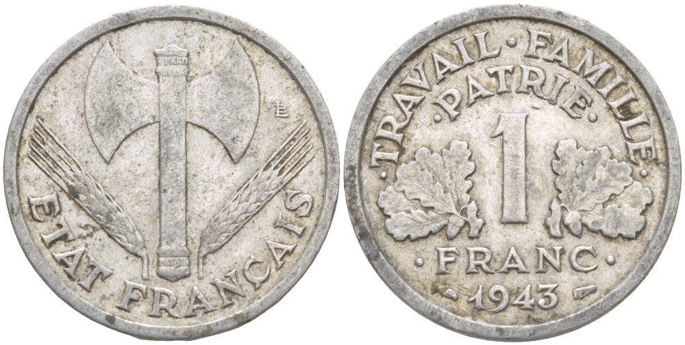 ФРАНЦИЯ 1 ФРАНК 1943 LB, ТИП LEGERE, ПРАВИТЕЛЬСТВО ВИШИ KM 902.1, LE FRANC 223.3 алюминий 4525-1044